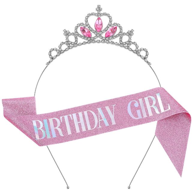 Andibro HAPPY BIRTHDAY Sash & Rhinestone Tiara Set, Glitter Rhinestone Headband Crystal Princess Birthday Tiara Elegant Shiny Birthday Decoration Kit for Girls Women Birthday Party Supplies(Pink)