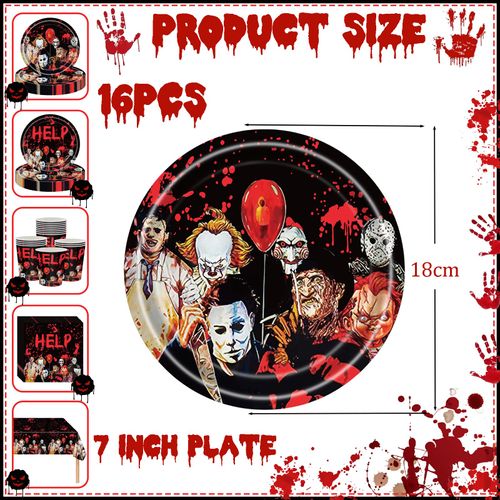 YAAVAAW 16Pcs Halloween Party Paper Plates 18cm,Halloween Tableware Decor Horror Movie Character Disposable Paper Plate Halloween Dinner Plates for Halloween Scream Party Supplies Table Decorations