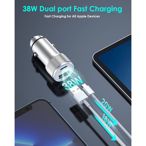 iPhone Fast Car Charger,[Apple Certfied] 38W Dual USB C Car Charger Adapter All Metal 2 Port Quick Charging with 2Pack Apple Lightning Cable for iPhone 13 Pro Max Mini 12 11 Xr Xs X 8 AirPods iPad