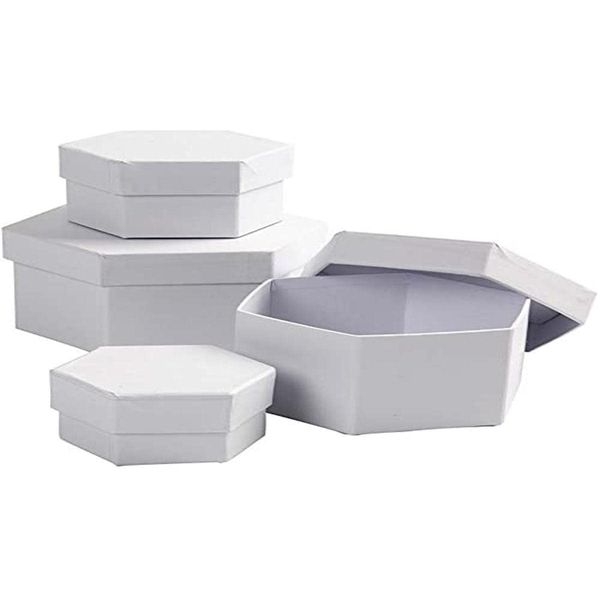 Creativ 100263 Hexagonal Boxes, D: 6,5+8+10+12 cm, 4 asstd White