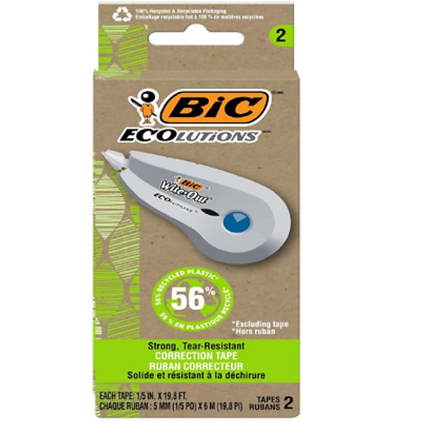 Ecolutions Wite-Out Correction Tape, 19.8 Feet, 2 Pack, Made from Recycled Plast