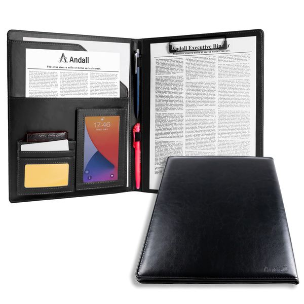 Andall Artisan's Commitment [Smartphone Storage] [Double Pen Holder with Underlay] Binder A4 Clipboard, Domestic Genuine Product, PU Leather, Leather Style, Bi-Fold, Multi-functional, Smartphone Storage, Business Card Holder, Gift [Andal] (Black/Smartphon