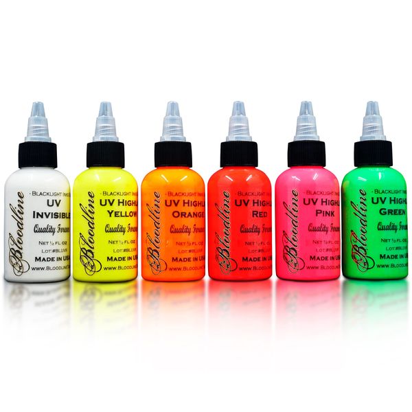 Bloodline Ink Professional Blacklight UV 6 Color Set - 1/2 oz (15 ml) - Highlight Series. Made in The U.S.A. Six Bright Fluorescent Inks for Your Vibrant Ideas