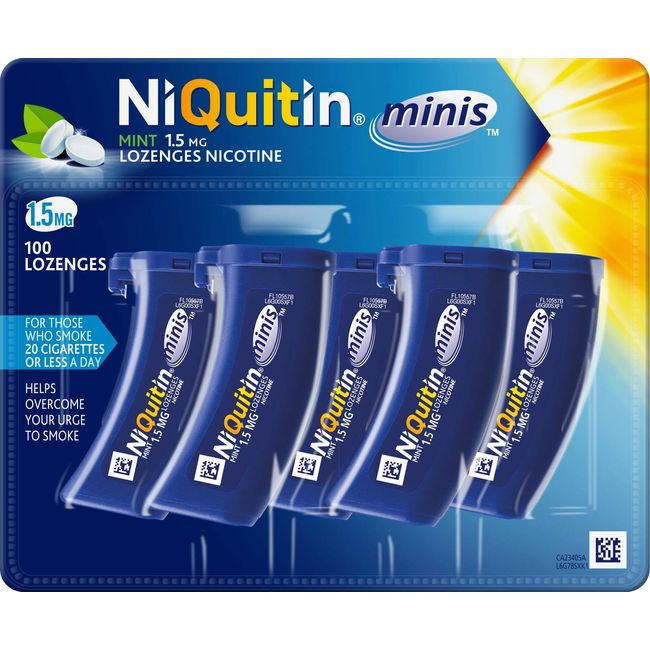 NiQuitin Minis Mint 1.5 mg Lozenges - Effective Smoking Craving Relief - Practical Pocket-Sized Container - 100 Mini Lozenges - Relieve Sudden Cravings - Reduce and Quit Smoking Aid