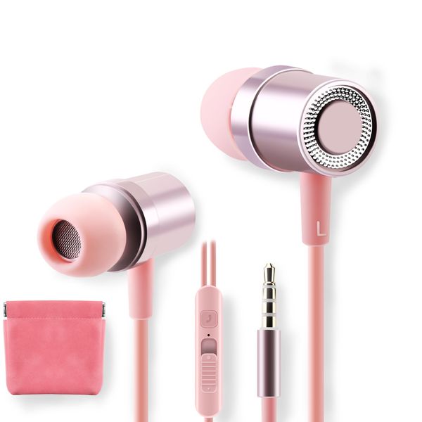 AzukiLife Wired Earphones for Kids, Cute In Ear Headphones with Mic, Deep Bass and Quality Sound, Lightweight Corded Earbuds with Fashionable Carrying Case, for School and Sports - Pink