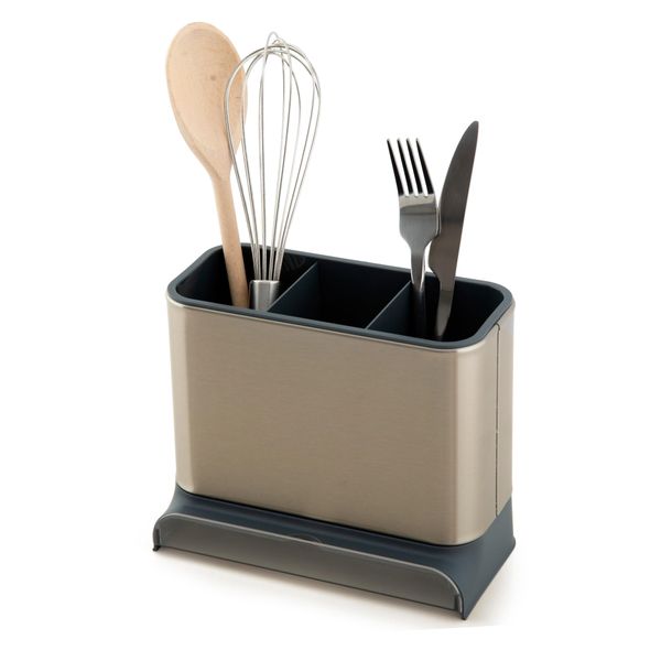 simplywire - Kitchen Sink Caddy - Utensil Holder - Cutlery Tidy Organiser - Removable Drip Tray - Non-Slip - Grey and Stainless Steel