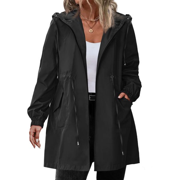 IN'VOLAND Women's Plus Size Rain Jacket Lightweight Long Raincoat Hooded Windbreaker Jackets with Pockets