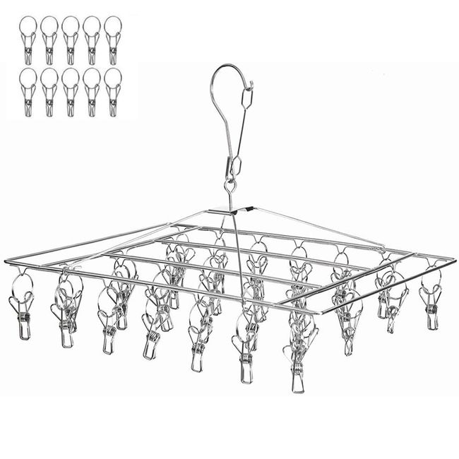 HOSUR Pinch Hanger, 36 Pinch, Laundry Hanger, Multi-functional Storage, Gift Stainless Steel, Foldable, Silver (Includes 10 Extra Pinches)