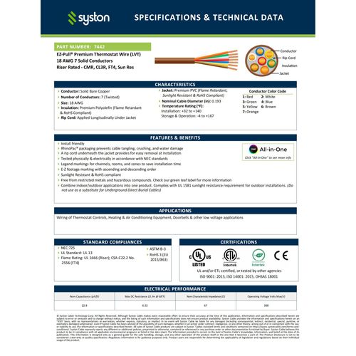 Syston 18/7 Thermostat Doorbell HVAC Heating Control Cable Wire, 100% Solid Copper Conductors CL3R/FT4/CMR Riser-Rated UL/ETL Listed, UV Resistant RoHS for Indoor/Outdoor Low Voltage Applications Use