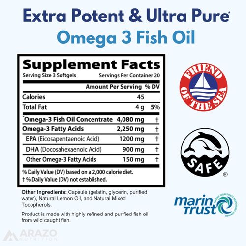 Arazo Nutrition Wild Caught Omega 3 Fish Oil – 60 Soft Gels – 4,080mg High EPA 1200mg DHA 900mg Lemon Flavor Burpless Softgels