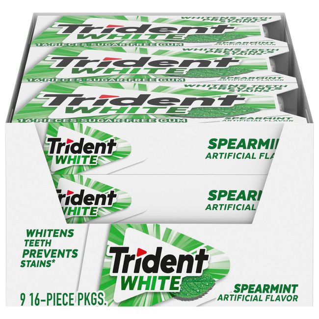 Trident White Spearmint Sugar Free Gum, 9 Pack of 16 Pieces (144 Total Pieces)