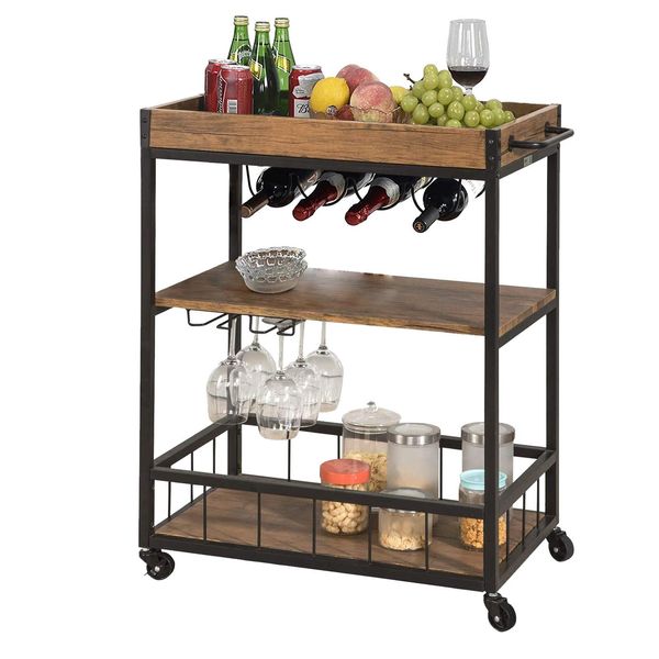 SHAKLAK YAKEY Bar Cart, Kitchen Serving Cart on Wheels with 3 Tier Storage Shelves and Handle,Wine Rack Glasses Holder Portable Trays Universal Casters,Rolling Cart Alcoholic Beverage