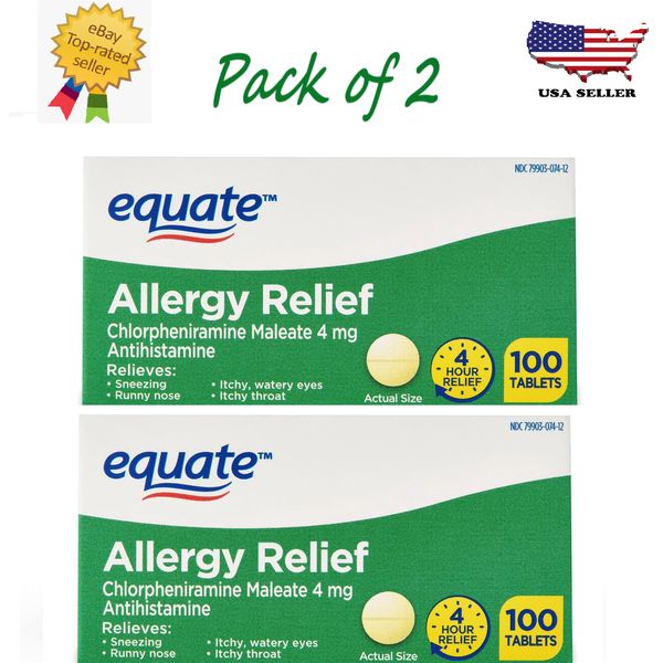 New Equate Allergy Relief Medicine, Chlorpheniramine Tablets 100 Count Pack of 2