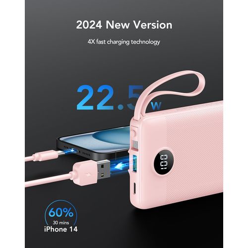 VRURC Portable Charger, 22.5W Power Bank 10000mAh, USB-C Cable in & Out Fast Charging Battery Pack, Compact Travel Essential 4 Outputs 3 Inputs for iPhone 16 15 14 13,Samsung, Android etc-Pink