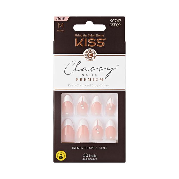 KISS Classy Nails Premium, Press-On Nails, Nail glue included, Highlights', French, Medium Size, Almond Shape, Includes 30 Nails, 2g glue, 1 Manicure Stick, 1 Mini File