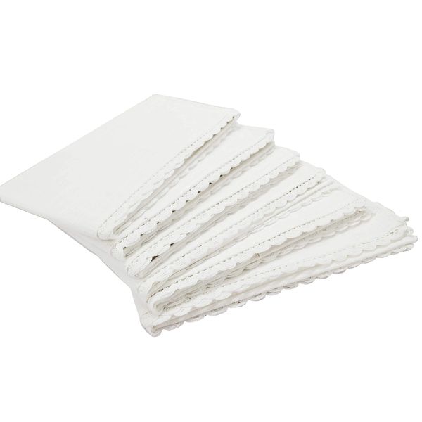 Linen Clubs - Slub Cotton Dinner Napkins with Crochet Lace - White - 16x16 (Set of 6) - 100% Egyptian Slub Cotton with Linen Look - Elegant Cloth - Super value Hand made Ladder Lace Look Napkins