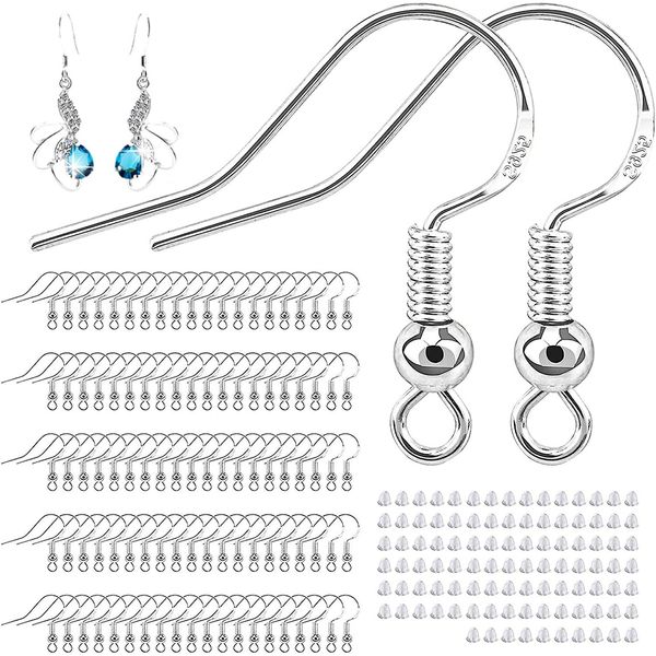 925 Sterling Silver Earring Hooks Kit, 100 Pcs Silver Ear Wires Fish Hook and 100 Pcs Clear Silicone Earring Backs Stoppers, Hypoallergenic Ear Wire Hooks for DIY Jewelry Customize Making(Silver)