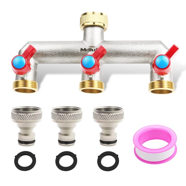 Mdlufee 3/4 Inch Brass Tap Splitter 3 Way Set,3 Quick Connector, Hose Tap Splitter Connection with 2 Individual Valves for Garden Kitchen Faucet,Washing Machine Hose Connector