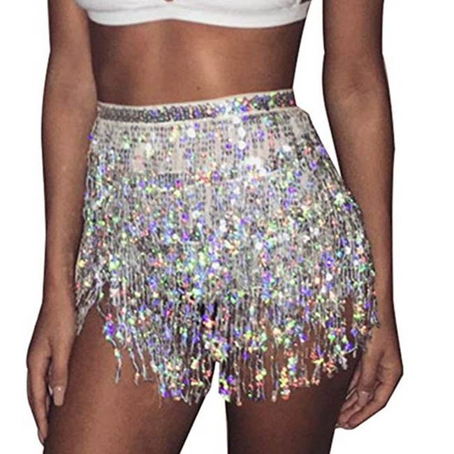 Ushiny Damen Rock Pailletten Quasten Rock Rave Rock Bauchtanz Kostüm Bauchtanz Mini Rock für Damen und Mädchen