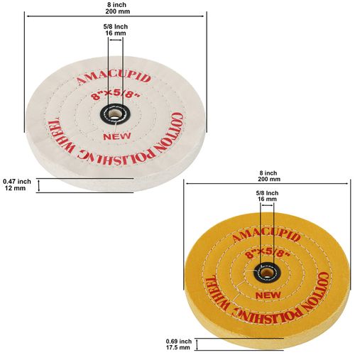 Amacupid Cotton Buffing Wheel 8 inches, For Bench Grinder/Bench Buffer. Polishing Jewelry, Glass, Tools, etc. 5/8 inch Arbor Hole. White Yellow 2 pieces