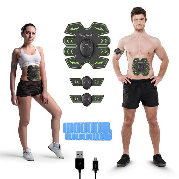 Abs Trainer Muscle Stimulator - 24 Gel Pads - CE-Certified & Skin-friendly 6 Pack Abs Electronic Toning Device - EMS Muscle Stimulator for Arms, Waist & Butt - USB Rechargeable Abdominal Muscle Toner