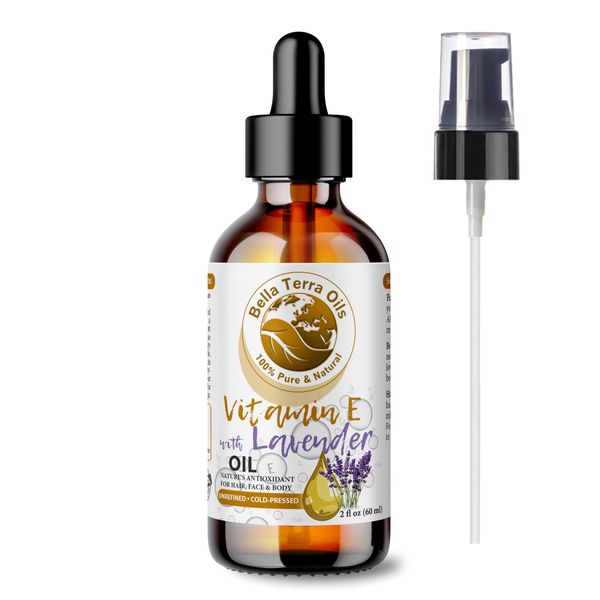 Bella Terra Oils - Organic Vitamin E Oil with Lavender 2oz - Your Route to Radiant Skin with Organic Wheat Germ Extracted D-Alpha Tocopherol, and Calming Lavender