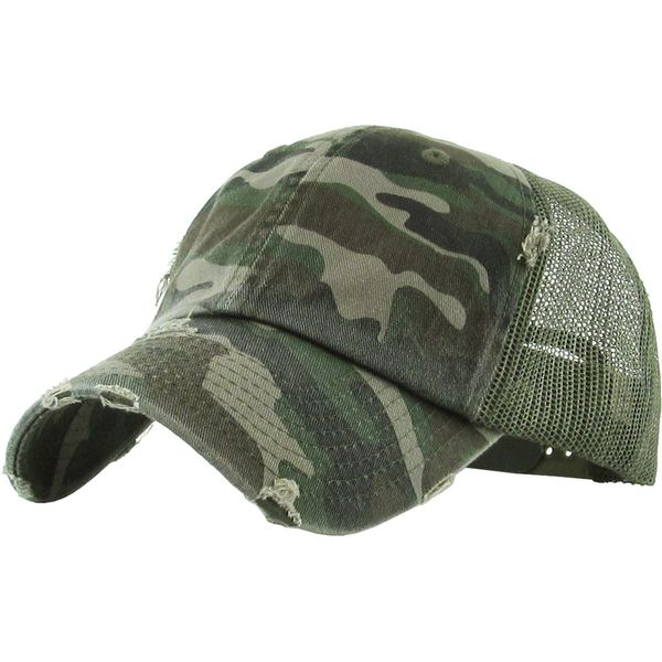 Unconstructed Low Profile Distressed Trucker Hat - Camo