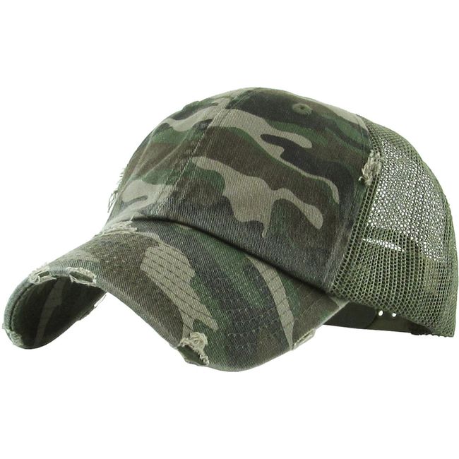 Unconstructed Low Profile Distressed Trucker Hat - Camo