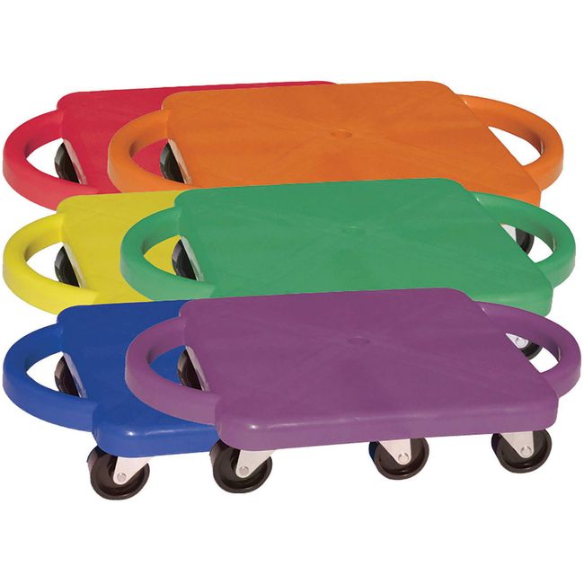 Champion Sports Scooter Board with Handles, Set of 6, Wide 12 x 12 Base - Multi-Colored, Fun Sports Scooters with Non-Marring Plastic Casters for Children - Premium Kids Outdoor Activities and Toys