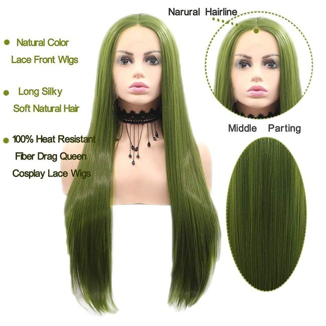 Olive Green Synthetic Lace Wig Long Straight Natural Looking Lace