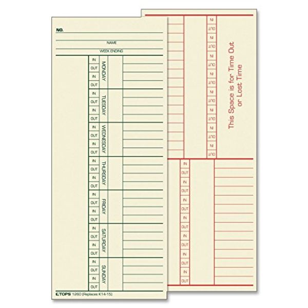 TOPS Time Cards, Weekly, 2-Sided, Named Days, 3-3/8" x 8-1/4", Manila, Green/Red Print, 500-Count (1260)