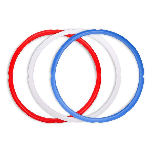 Silicone Sealing Rings Compatible with Instant Pot Accessories, Fits 5 or 6 Quart Models, Red, Blue and Common Transparent White, 3 Pack BPA-Free Food-Grade Silicone Gaskets by Poweka