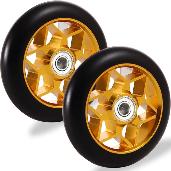 Stunt Scooter Rollen 110mm, Stunt Scooter Reifen 110mm, 110 mm Scooter Wheels Gold, Stunt Roller Räder Gold, 2 Stück Freestyle Scooter Ersatzräder 110 mm für chilli Cox Fuzion Freistil