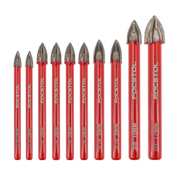 FOCSTOL Masonry Drill Bits Set - 10pcs Carbide Drill Bits Set with Round Shank for Wood Plastic Foam Tiles Softer Materials (5 * 2/6 * 4/8 * 2/10/12mm)