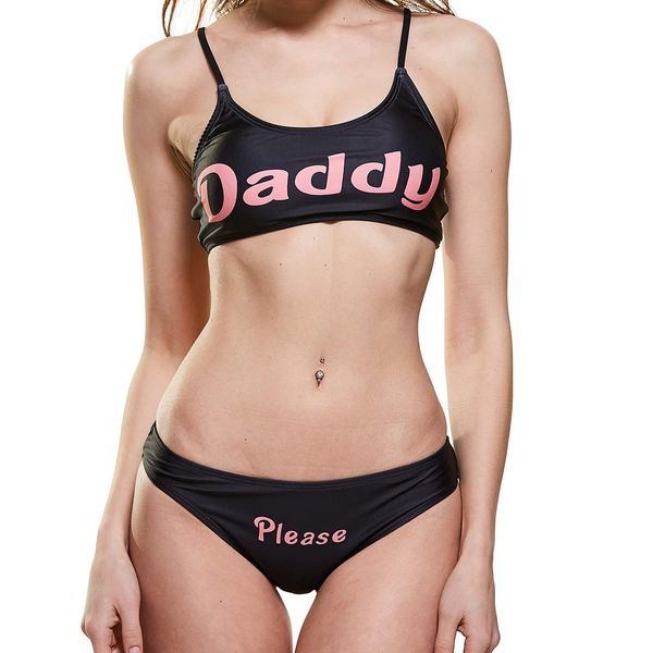 Sexy Women Lingerie Set Slutty Underwear Clothes Tank Tops and Panty Pajamas Sleepwear Bikini Swimsuit Yes daddy 2pc, Black, L