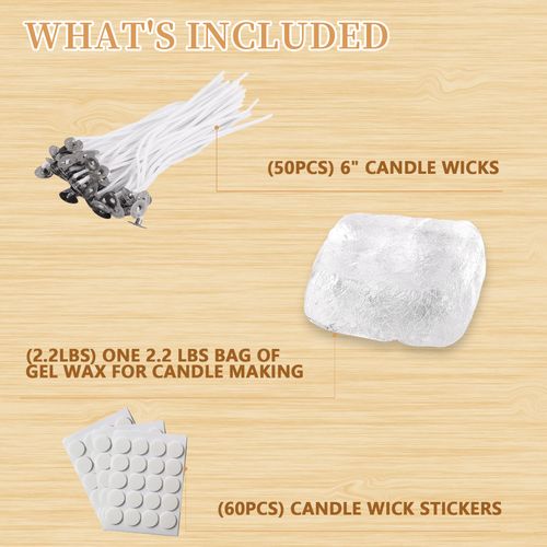 2.2 Lb Gel Wax for Candle Making Set, DIY Clear Gel Candle Wax, Handmade Jelly Candle Making Kit with 50pcs Wicks and 60pcs Wick Stickers