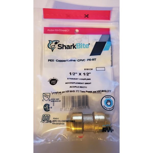 Shark Bite Plumbing 1/2" x 1/2" Straight Coupling Push To Connect U008LFZC