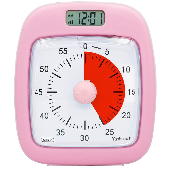 Yunbaoit Timer Study with Clock and Night Light VT07S 60 Minute Timer for Kids with Low Power Alarm and Optional Alarm Bell (Pink)