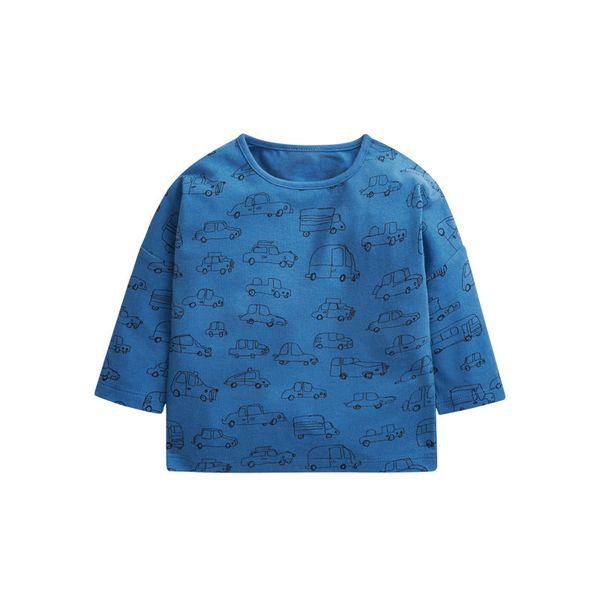 Baby Boy Print Pattern Solid Blue Long Sleeve Cotton Shirt - 110 (3-5Y) / Blue