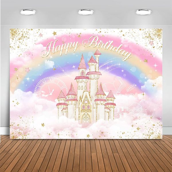 Mocsicka Princess Castle Birthday Backdrop Watercolor Pastel Rainbow Birthday Photography Backdrops Gold Glitter Royal Princess Birthday Party Decorations Cake Table Banner (Pink, 7x5ft (82x60 inch))