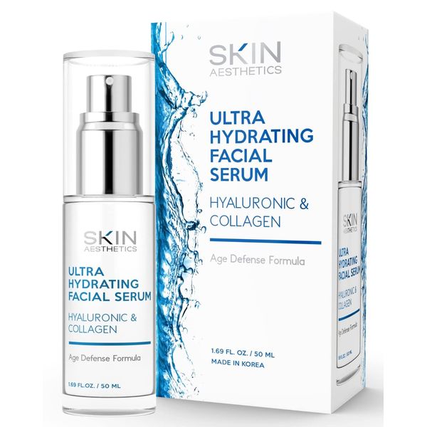 Skin Aesthetics Hyaluronic Acid and Collagen Face Serum - Reduce Wrinkles & Fine Lines, Locks in Moisture & Ultra Hydrating Facial Serum - Cruelty Free Korean Skin Care - All Skin Types - 1.69 Fl. oz