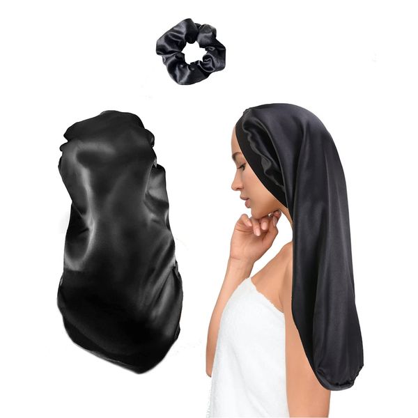 MUFEKUM 3Pcs Long Hair Bonnet for Sleeping, Wide Band Satin Bonnets Night Sleep Cap Sleeping Head Cover, Soft Elastic Bonnet for Braids Silk Bonnet for Long Hair Black Hair Curly Hair (Black)