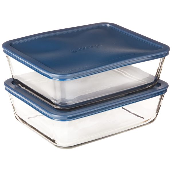 Anchor Hocking 11 Cup Glass Storage Containers with Lids, Set of 2 Glass Food Storage Containers with Navy Blue SnugFit Lids