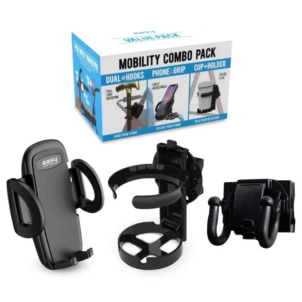 Mobility Combo Pack, Hook, Phone and Cup Holder for Walker, Portable Beverage Holder for Wheelchair and Strollers, Easy Install Wheelchair Phone Holder with Stretch Strap That Fits up to 2” Diameter