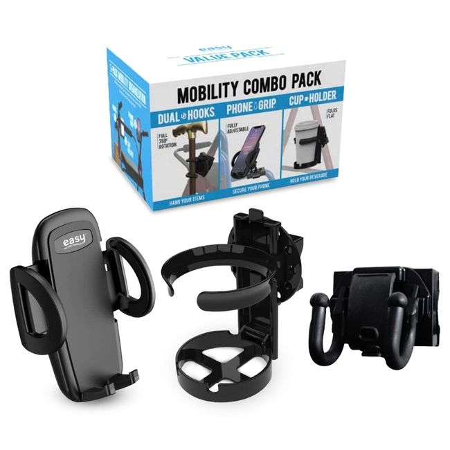 Mobility Combo Pack, Hook, Phone and Cup Holder for Walker, Portable Beverage Holder for Wheelchair and Strollers, Easy Install Wheelchair Phone Holder with Stretch Strap That Fits up to 2” Diameter