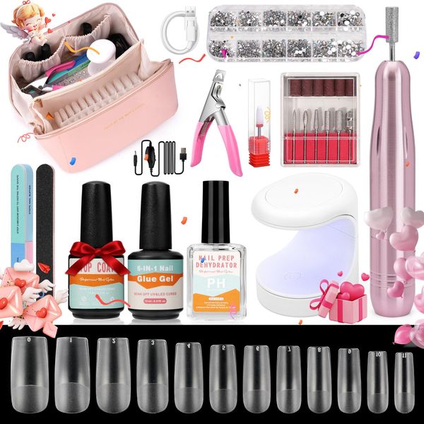 Wilfniee Gel X Nail Kit for Beginner, Gel Nail Tips and Glue Gel Kit with 6 in 1 Nail Glue, Nail Prep Dehydrator, Top Coat and 480PCS Coffin Nails Tips Fake Nails Kit Easy Nail Extension Set