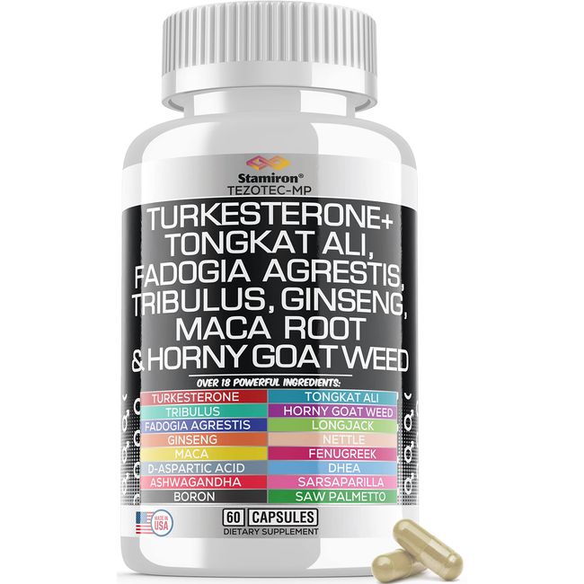 Stamiron Tongkat Ali 1000mg Fadogia Agrestis 1000mg Maca 1000mg Turkesterone Extract Supplement with Ginseng Ashwagandha Fenugreek DAA Saw Palmetto DHEA Nettle - 60 Capsules Made in USA