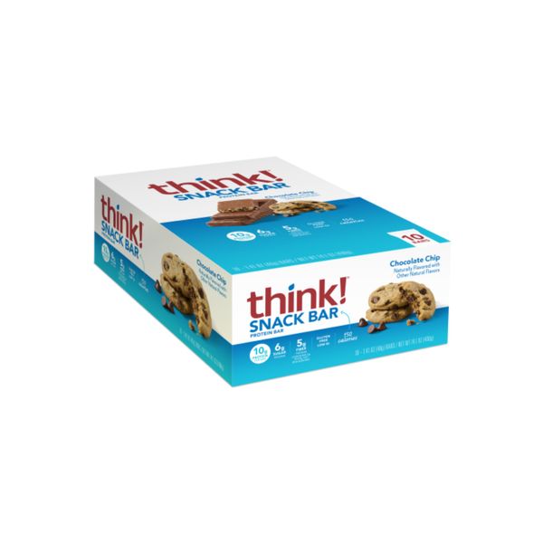 think! Protein Bars with Chicory Root for Fiber, Digestive Support, Gluten Free with Whey Protein Isolate, Chocolate Chip, Snack Bars Without Artificial Sweeteners, 1.4 Oz (10 Count)