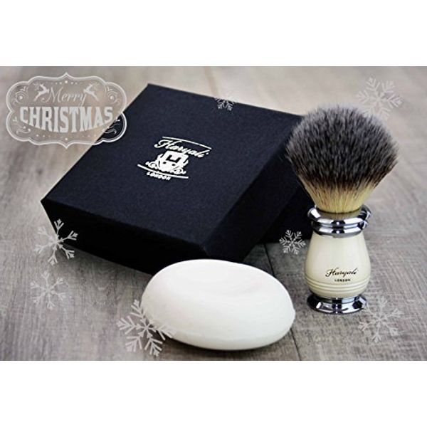 Synthetic Hair Shaving Brush in Ivory & Metal Color Base(Newly Designed) with Shaving Soap by HARYALI LONDON