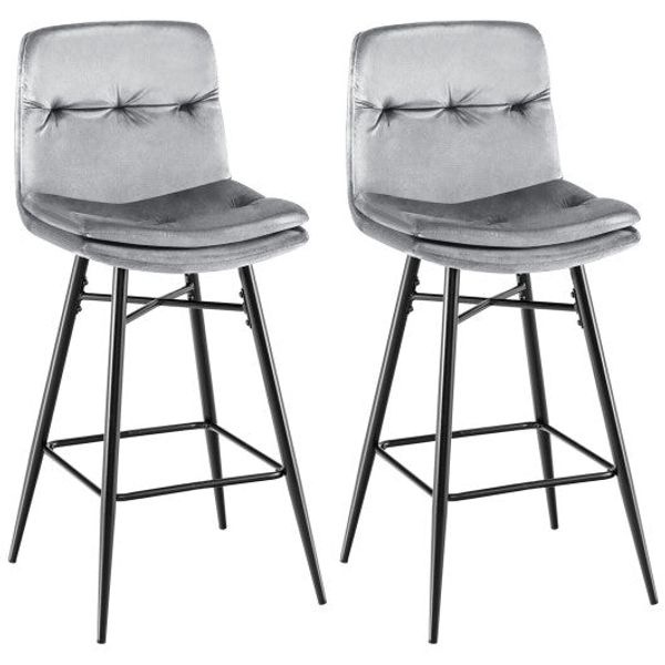 2 Pieces 29 Inch Velvet Bar Stools Set with Tufted Back and Footrests-Gray